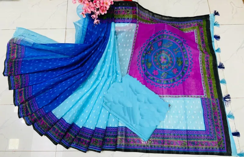 Half Silk Screen Print Saree, Saree Only, 6 Colours