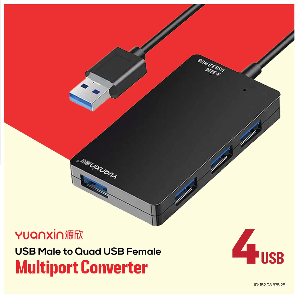 Yuanxin X-3226 USB Male to Quad USB Female Hub Black 0.25 Meter