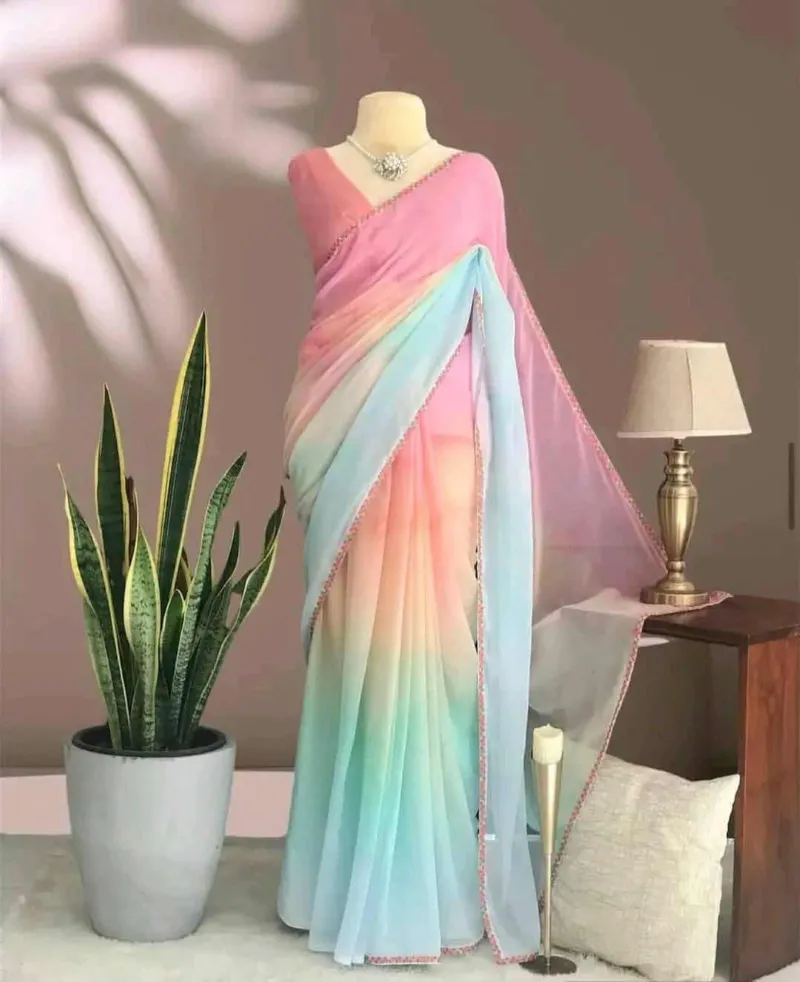 Micro Georgette Saree with Lace Work in Pastel Shades, 12 Haath