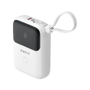 HAVIT PB5215 10000mAh ডিসপ্লে পাওয়ার ব্যাংক, USB-C ও Lightning কেবলসহ – সাদা