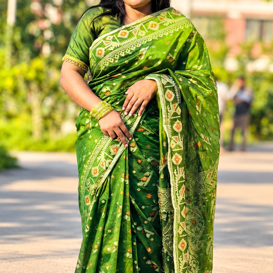 Premium Olive Green Traditional Jamdani Cotton Saree