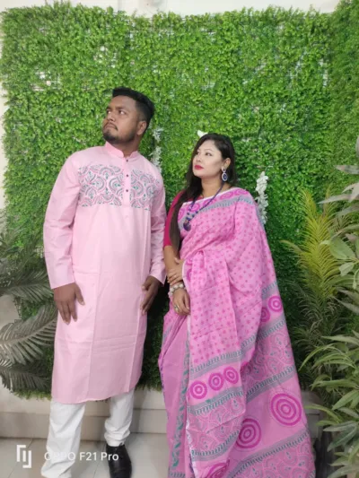 Dhupian Silk Couple Saree and Panjabi Set, Block and Screen Print