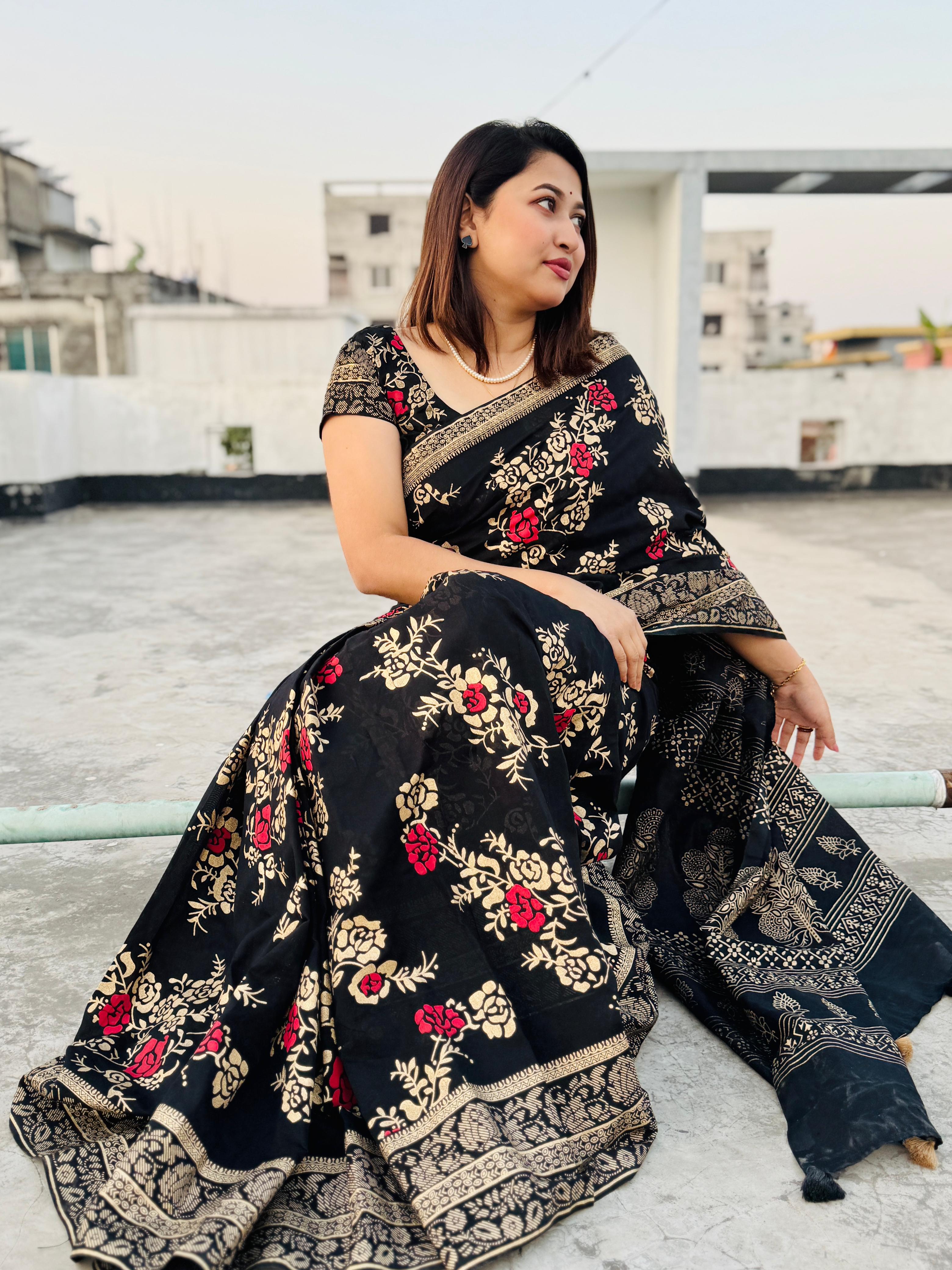 ধুপিয়ান সিল্ক স্ক্রিন প্রিন্ট শাড়ি, 13 হাত, 6 রং