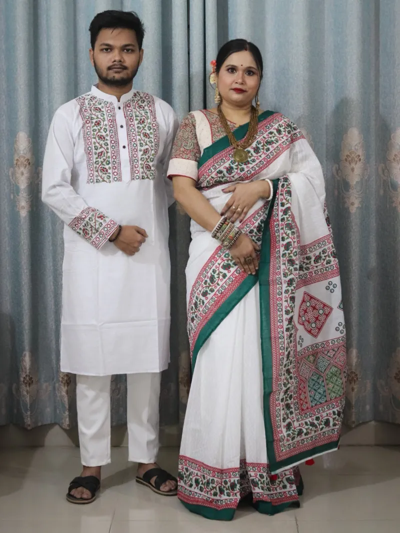 Couple Slub Cotton Panjabi and Half Silk Saree Set, 6 Colours