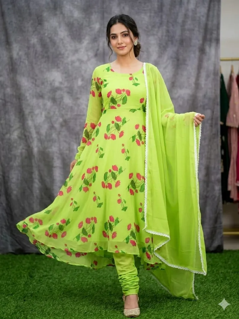Georgette Gown Three Piece, Free Size with Lace Orna
