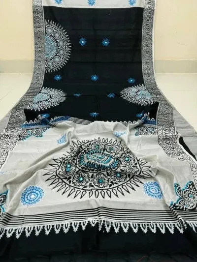 Embroidered Dhupian Silk Saree in Block Print, Without Blouse