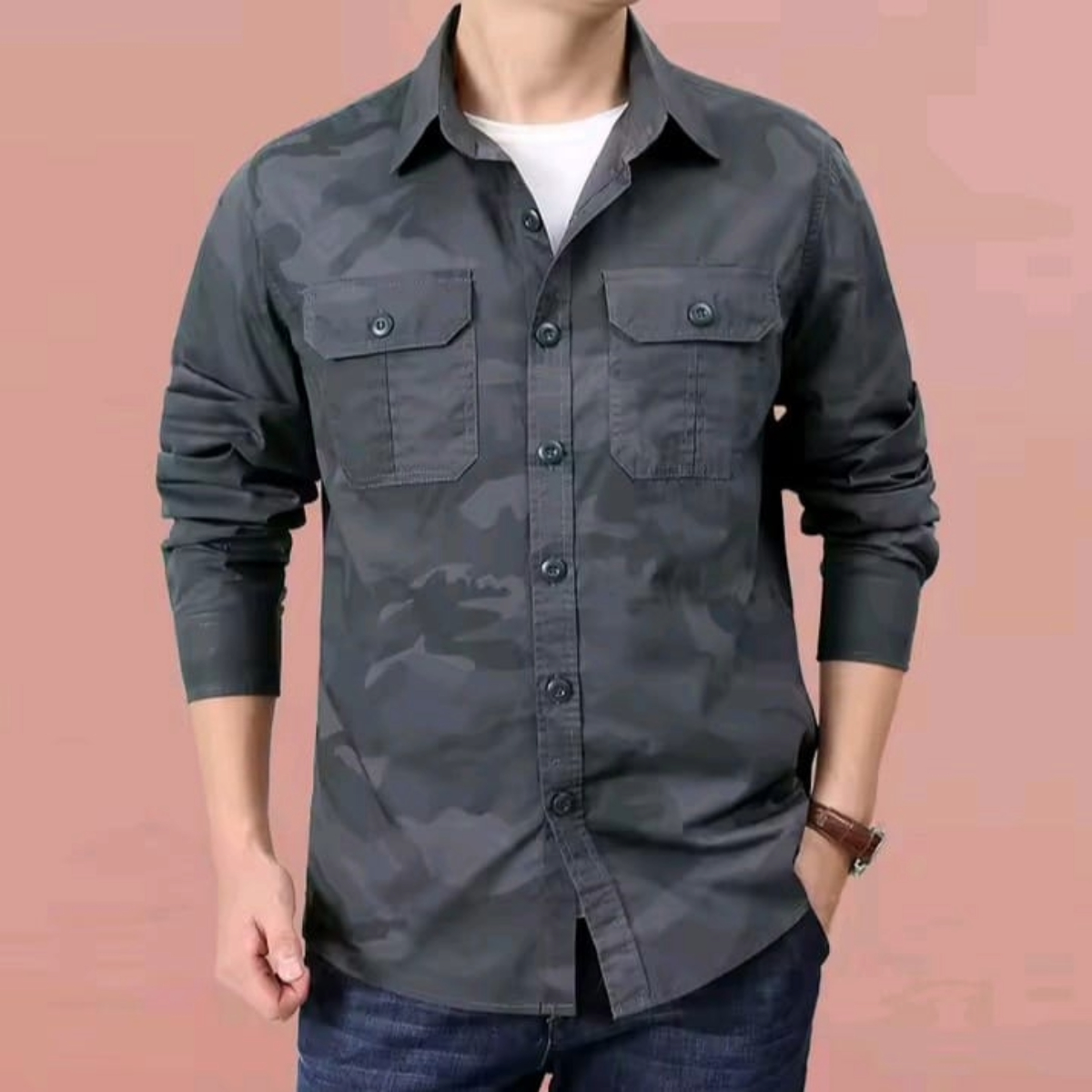 ছেলেদের ফুল হাতা ডাবল পকেট কেমো প্রিন্ট শার্ট