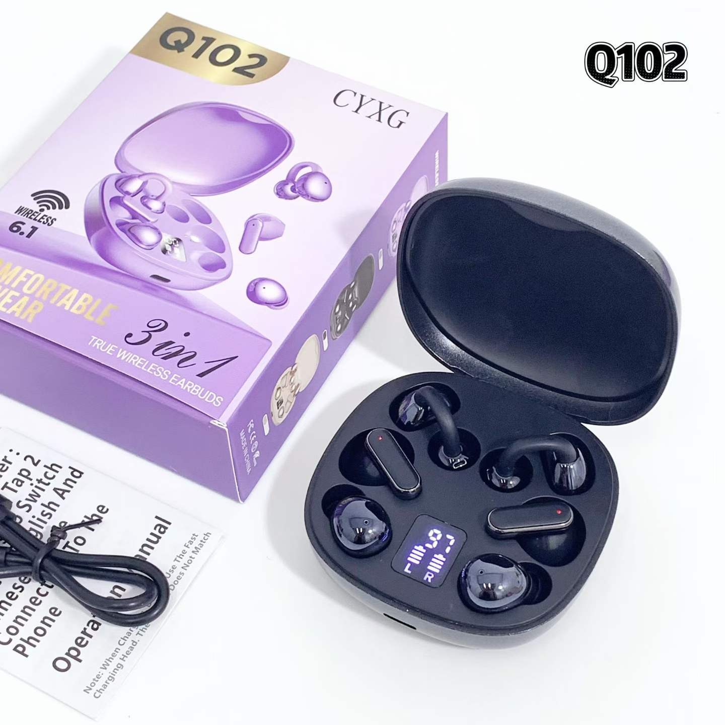 Q102 3-in-1 3Pairs Wireless Bluetooth Earbuds 6 Earphones Clip on & in Ear TWS Headphones HD Digital Display Voice Control Waterproof