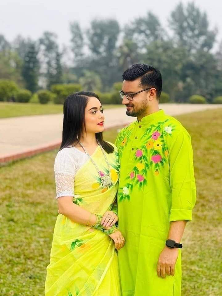 Hand Print Couple Dress, Dhupian Saree and Panjabi, 6 Colours