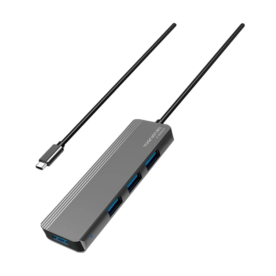Yuanxin X-80503T USB-C to 4 Port USB Hub, Aluminium, Black