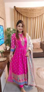 Naira Cut Screen Print Linen Three Piece with Neck Embroidery