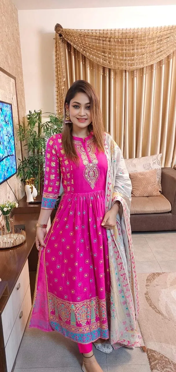 Naira Cut Screen Print Linen Three Piece with Neck Embroidery