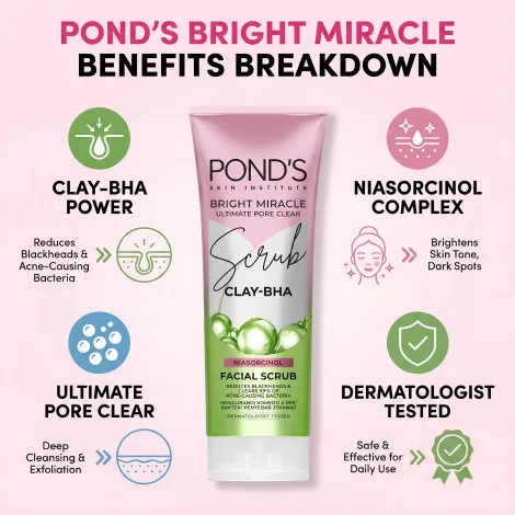 Pond's ব্রাইট আল্টিমেট মিরাকল পোর ক্লিয়ার ক্লে BHA ফেসিয়াল স্ক্রাব 100g