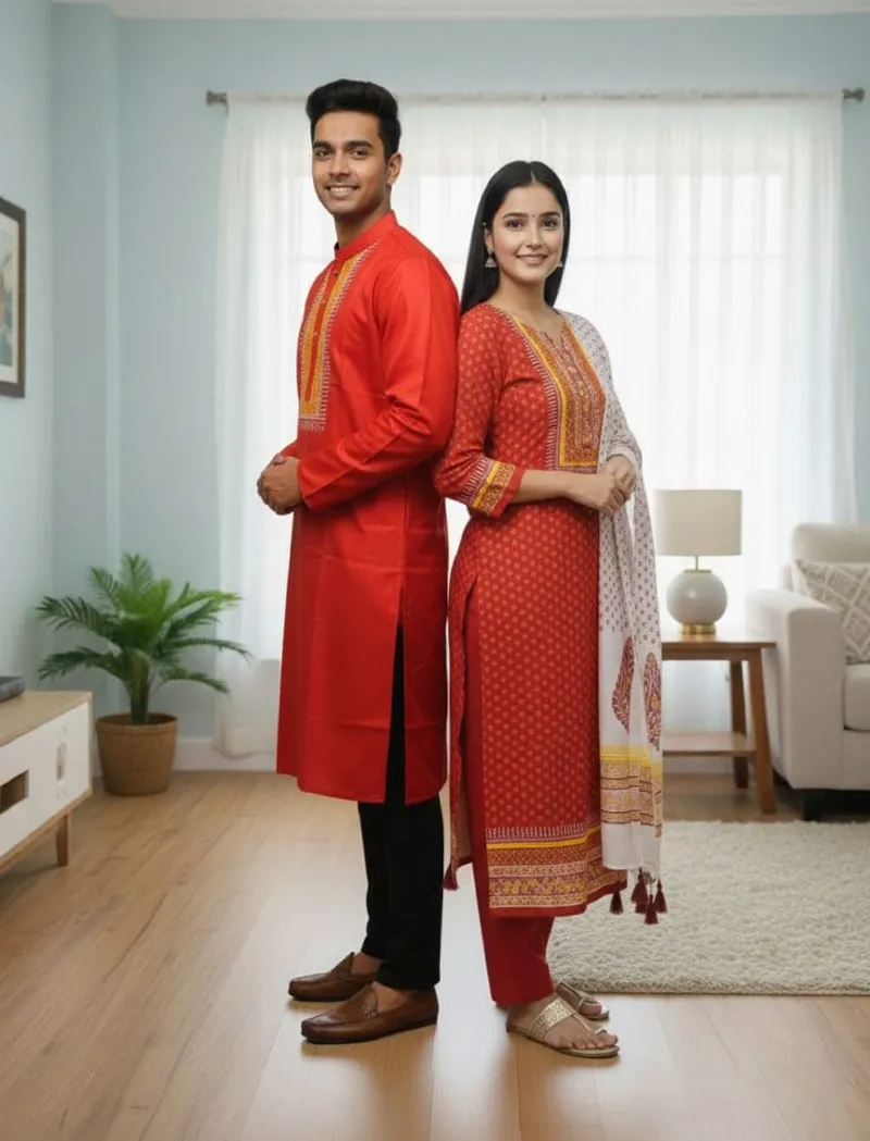 ব্লক প্রিন্ট কাপল থ্রি পিস ও ধুপিয়ান সিল্ক পাঞ্জাবি, 6 রং