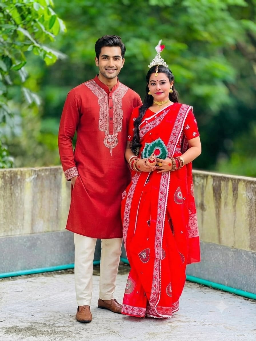 Couple Saree and Dhupian Silk Panjabi Set, Panjabi Sizes 38 to 46