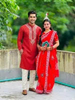 Couple Saree and Dhupian Silk Panjabi Set, Panjabi Sizes 38 to 46