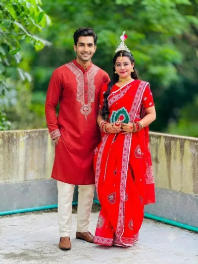 Couple Saree and Dhupian Silk Panjabi Set, Panjabi Sizes 38 to 46