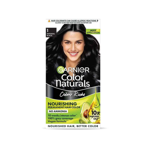 Garnier Color Naturals Creme Riche Nourishing Permanent Hair Color - 1 Natural Black 70ml+60g (India)