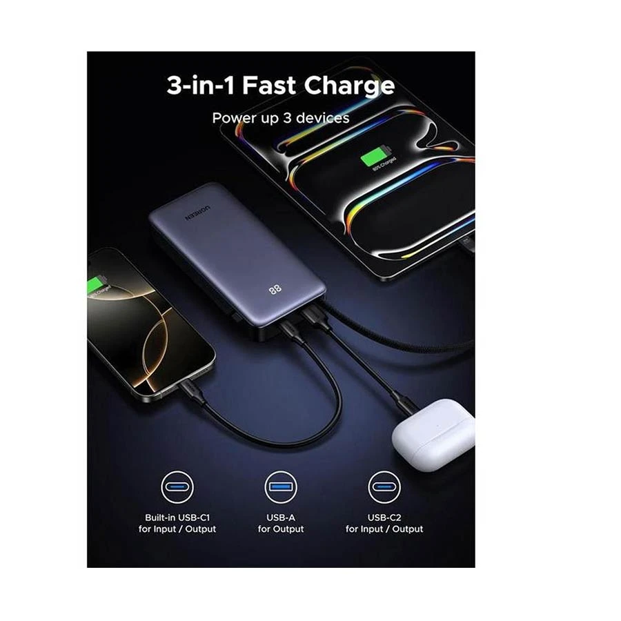 UGREEN PB551 20000mAh 145W Power Bank with Built-In Cable Gray