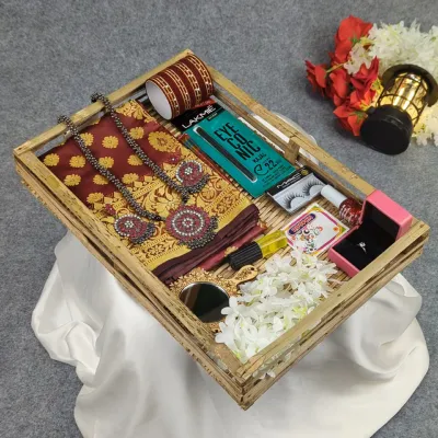 সিল্ক কাতান শাড়ি কম্বো সেট - মেরুন