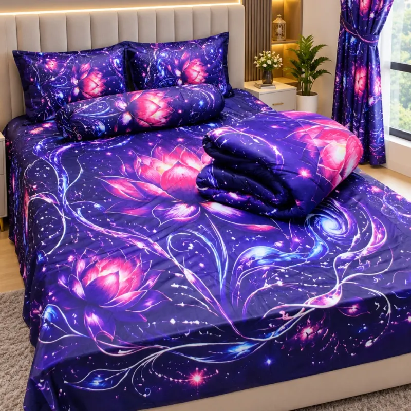 3D Design Comforter and King Size Velvet Bed Sheet Set, 6 Colours