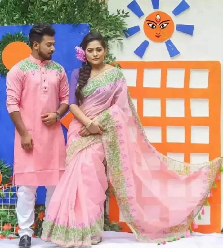 Dhupian Silk Panjabi and Half Silk Saree Set for Couples