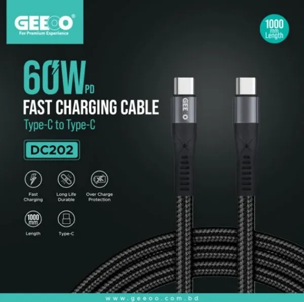 Geeoo DC 202 60W PD দ্রুত চার্জিং ক্যাবল (টাইপ সি থেকে টাইপ সি)