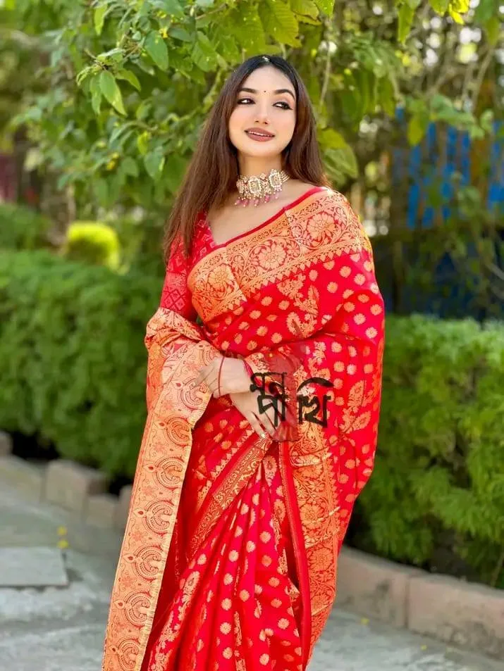 মেয়েদের সিল্ক কাতান শাড়ি, ফুল বডি জরির সুতার কাজ, 6 রং