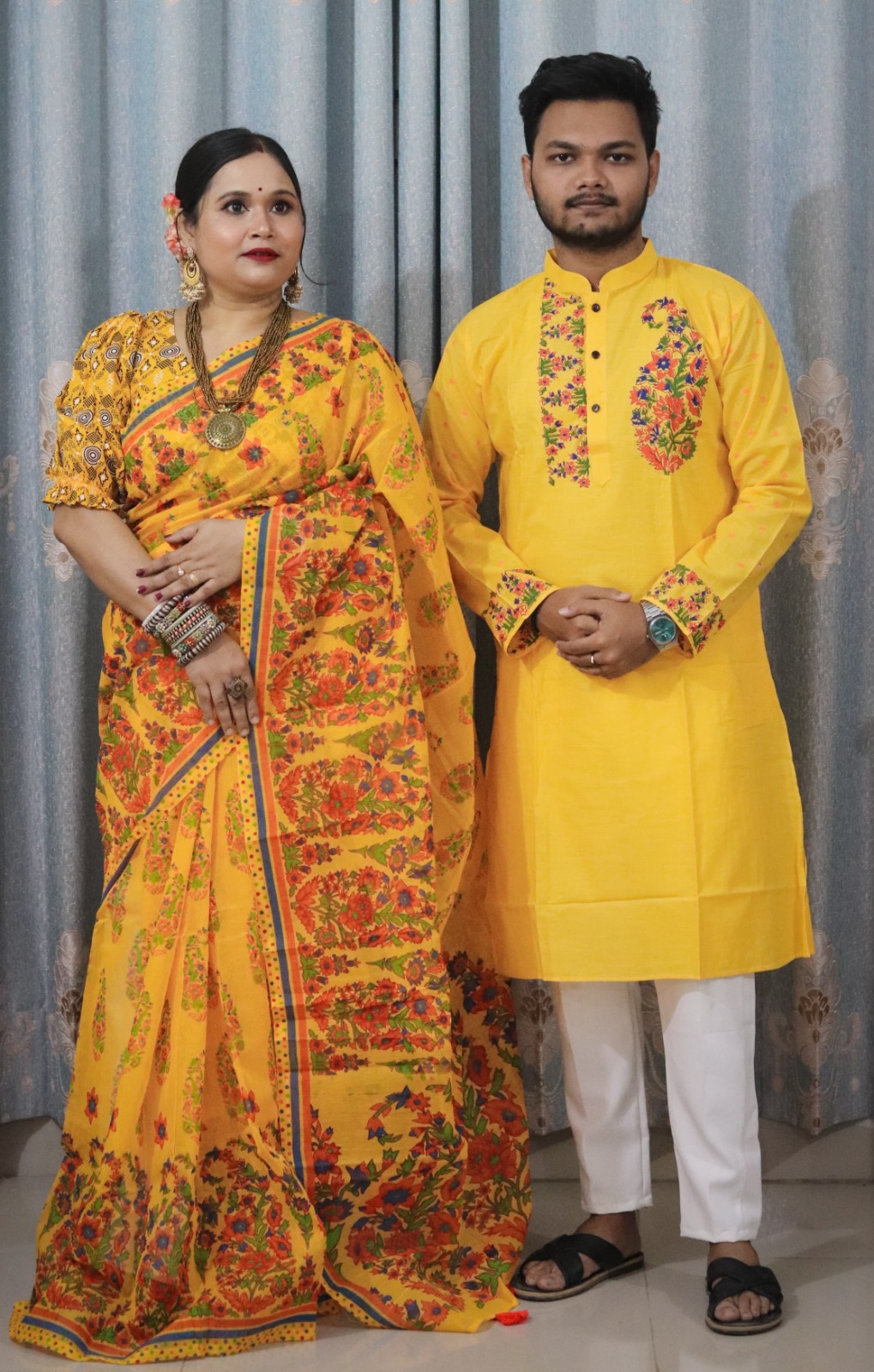 Half Silk Saree and Slub Cotton Panjabi Couple Set, No Blouse