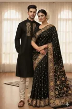 Screen Print Silk Saree and Block Print Panjabi Couple Set