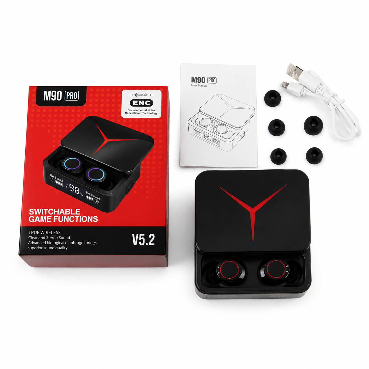 M90 Pro TWS ট্রু ওয়্যারলেস ইয়ারবাডস – Bluetooth 5.3, ENC ও 1200mAh পাওয়ার ব্যাংক চার্জিং কেস