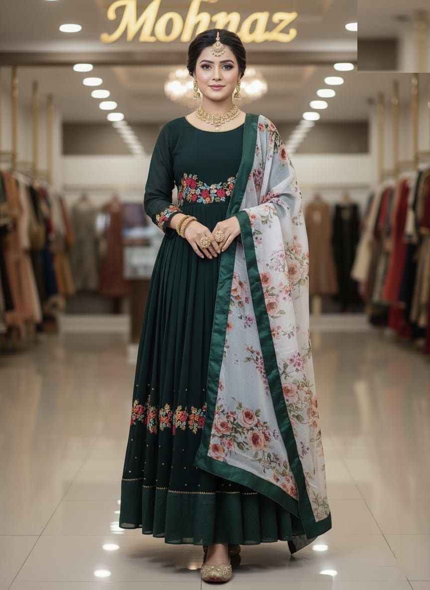 Readymade Georgette Party Dress, Front and Back Embroidery, 54 Inch