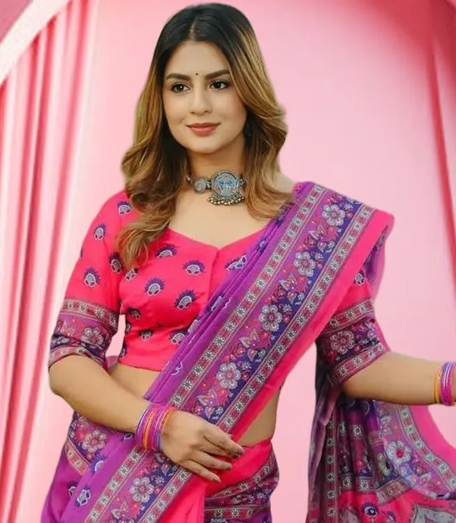 Digital Print Parsha Saree with Blouse Piece, 4 Colours