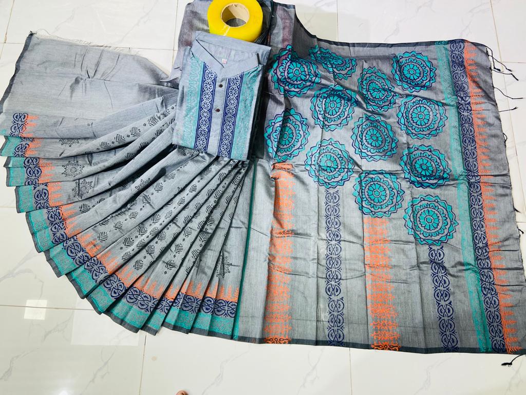 Matching Block Print Saree Panjabi Couple Set in Dhupian Silk
