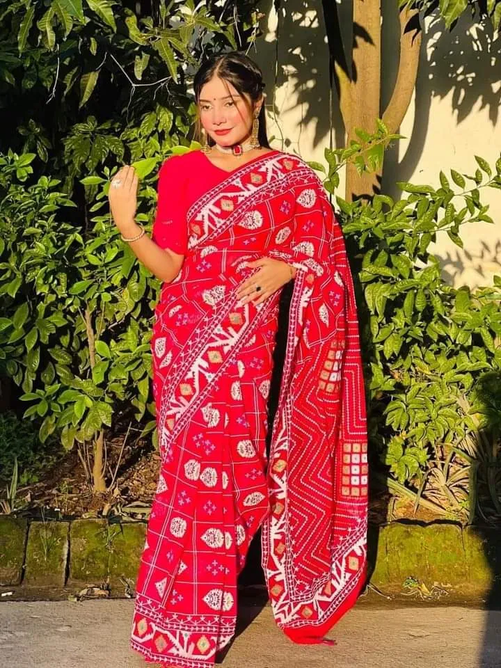 Half Silk Screen Print Saree with Hand Printed Design, 6 Colours