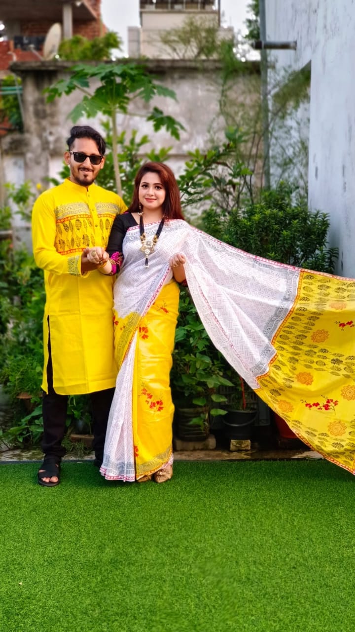 Couple Saree Panjabi Set, Dhupian Silk, Panjabi Sizes 40 to 46
