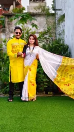 Screen Print Dhupian Silk Saree and Panjabi for Couples, 12 Haath