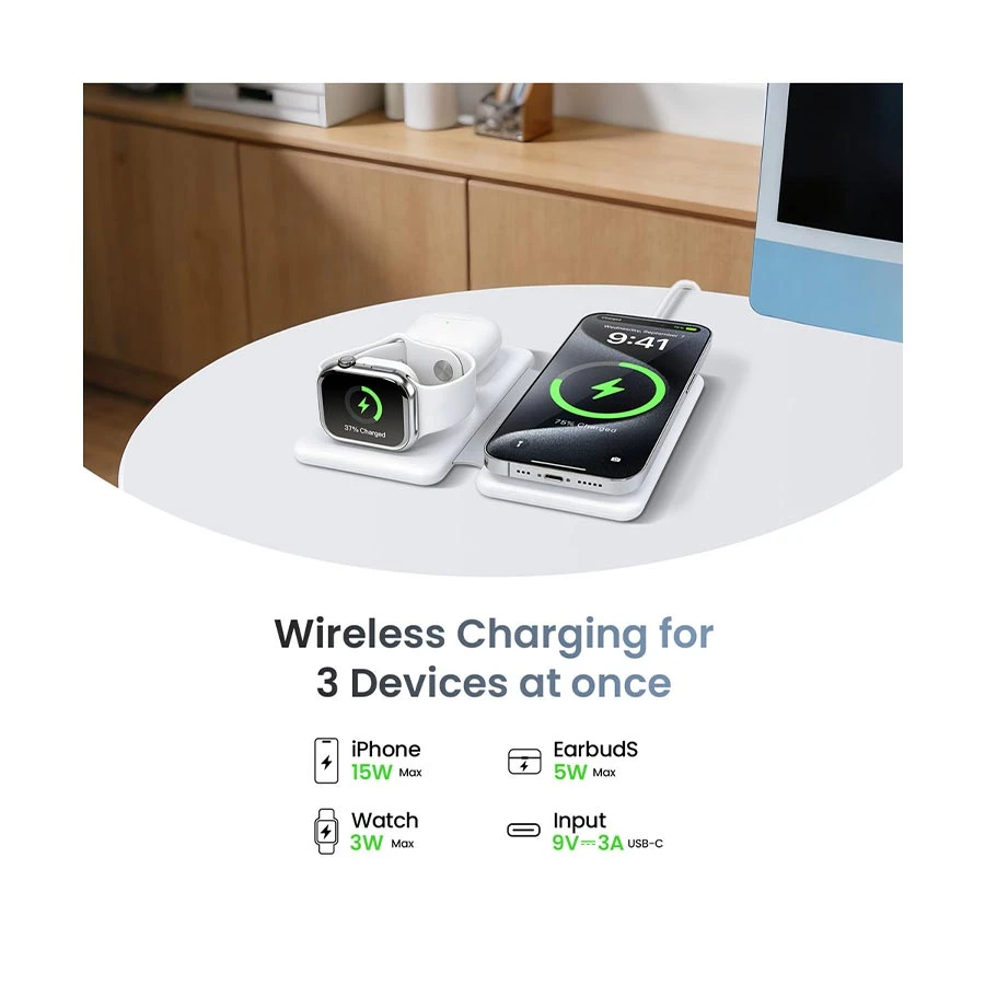 Bwoo BO-WL24 15W 3 in 1 Foldable Magnetic Wireless Charger, White