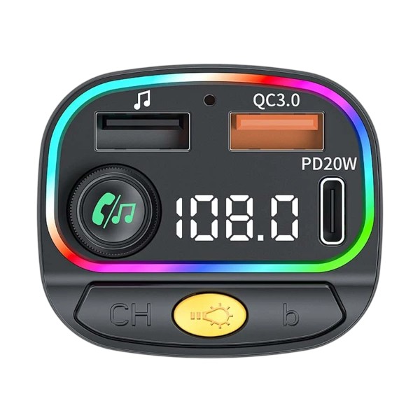 Wiwu MP3 কার 38W 3 পোর্টস ব্ল্যাক কার চার্জার (1xUSB-C & 2xUSB-A) উইথ FM & MP3 প্লেয়ার