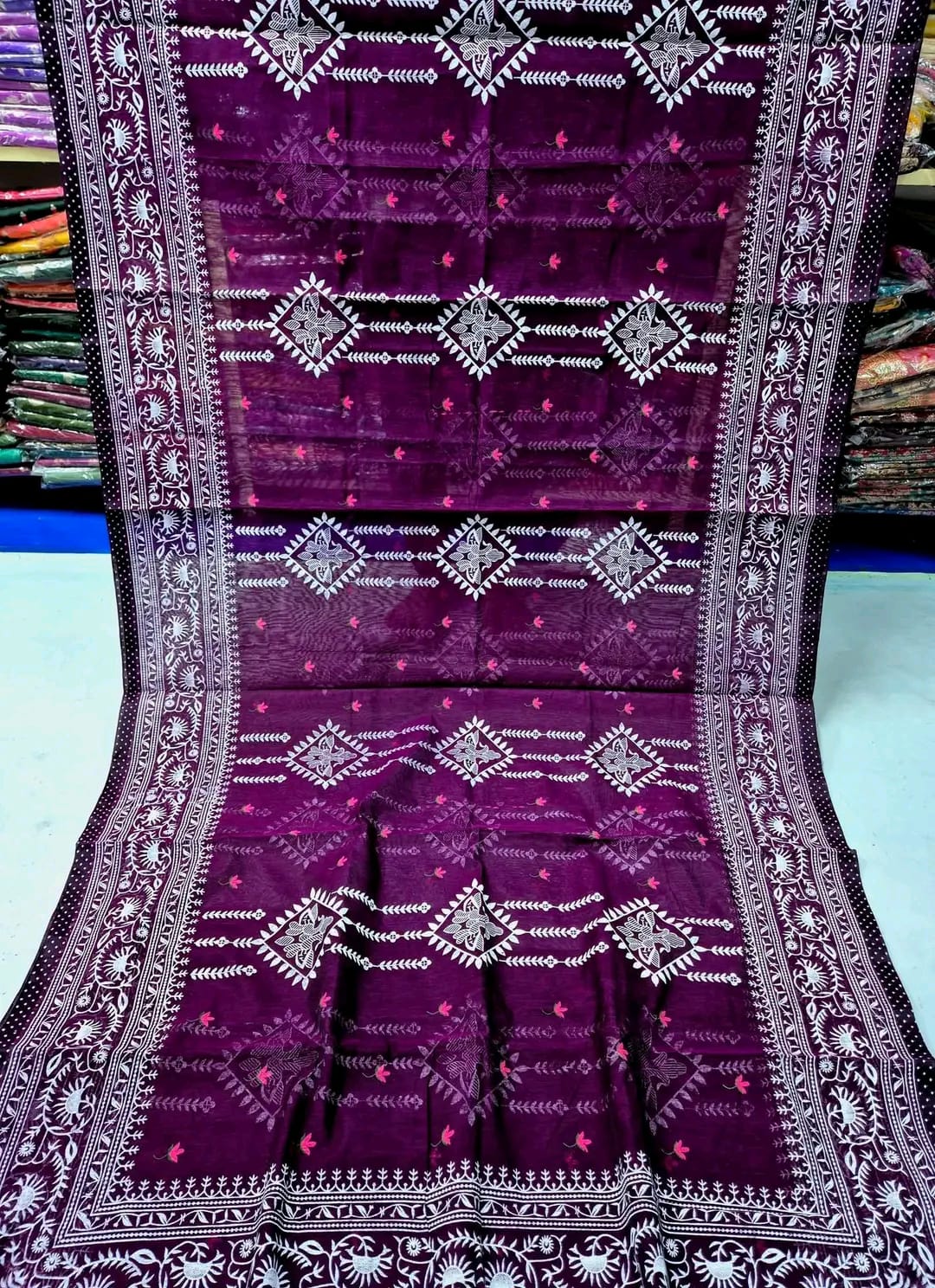 Half Silk Screen Print Saree for Puja and Festivals, 4 Colours