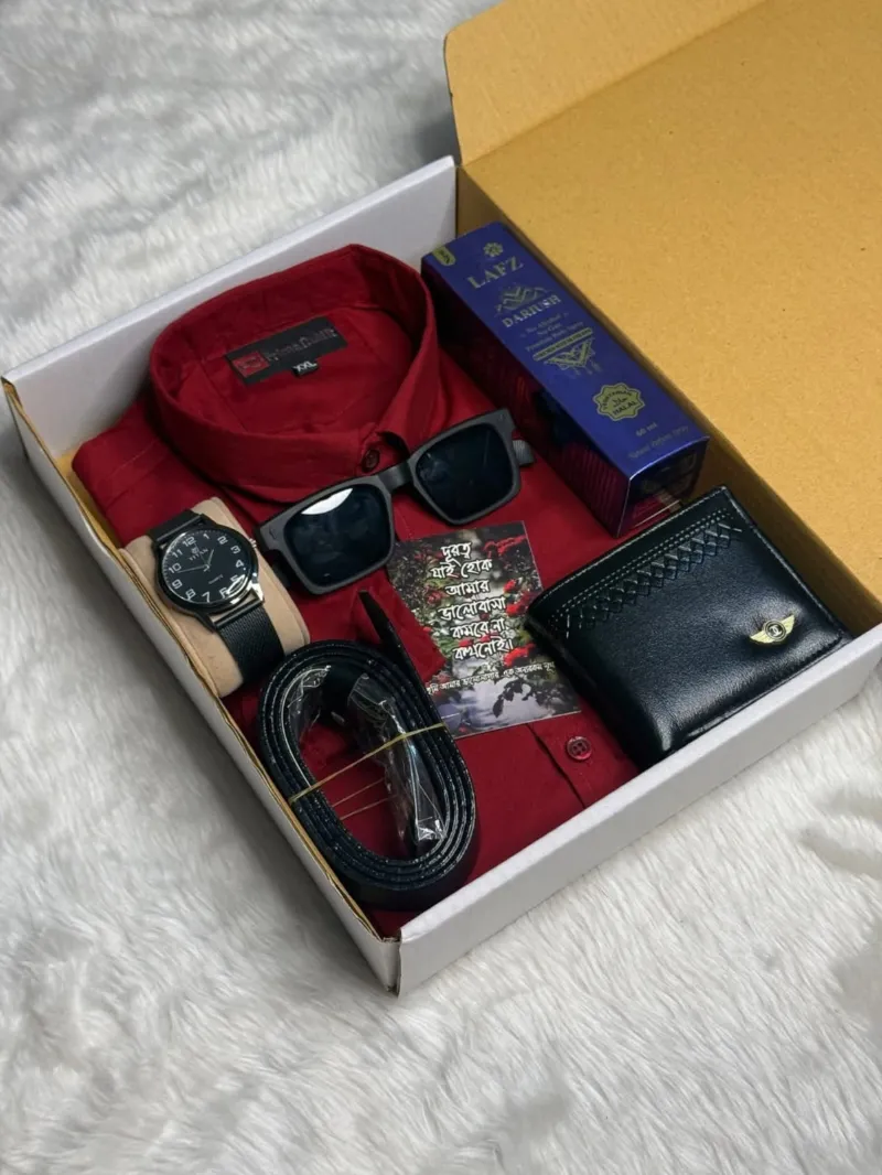 Men's Cotton Shirt Gift Box Set with Belt, Sunglasses and Watch