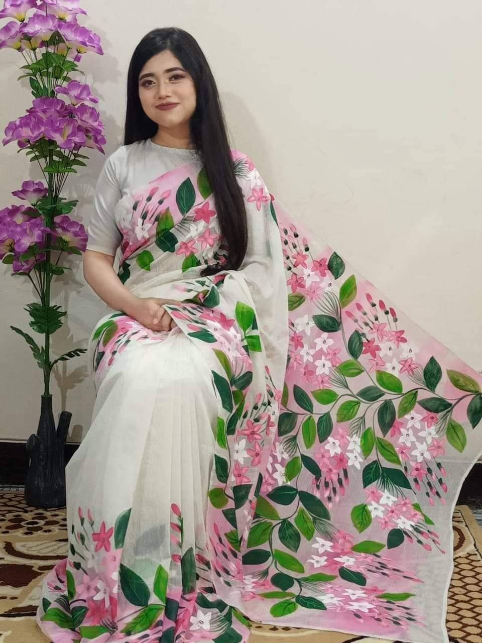 Half Silk Saree with Hand Brush Print, 12 Haath Length