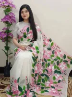 Tuli Brush Hand Print Half Silk Saree, 12 Haath