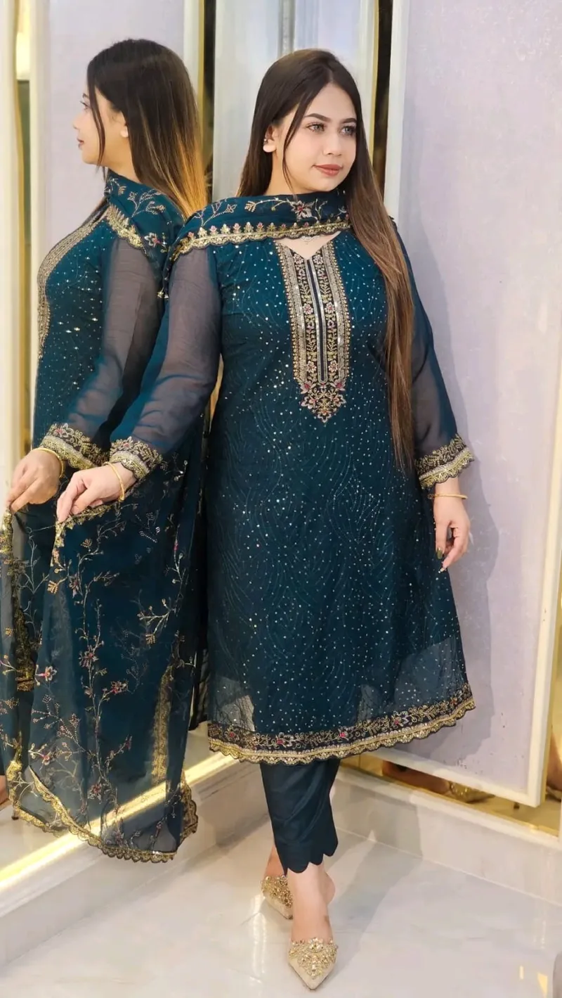 Faux Georgette Embroidered Four Piece Set with Micro Silk Salwar