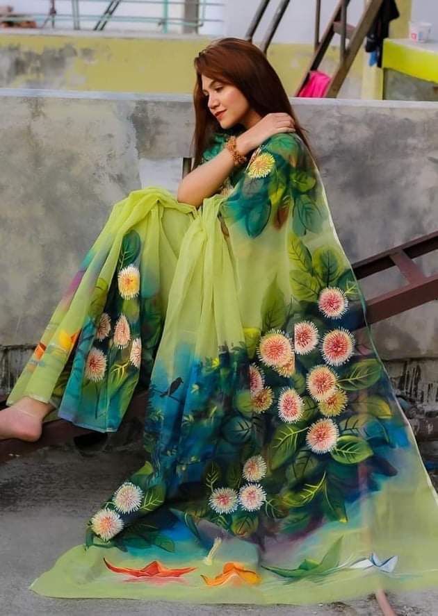 Hand Painted Half Silk Saree, 12 Haath Long, 6 Colours