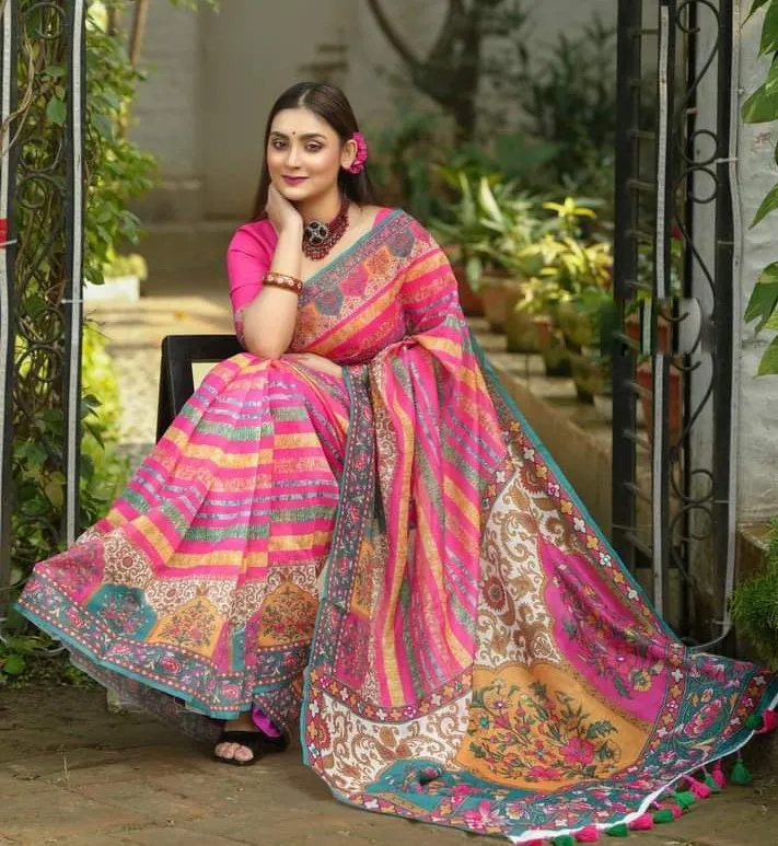 Smooth Chanduri Silk Saree in Bright Digital Print with Tassels
