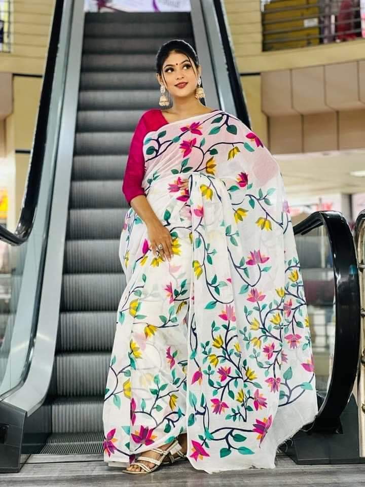 12 হাত হাফ সিল্ক শাড়ি, স্ক্রিন প্রিন্ট প্যাটার্ন