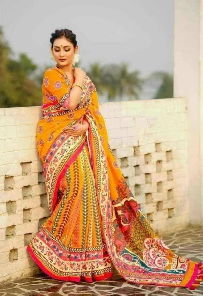 Half Silk Saree with Screen Print Work, 6 Colours
