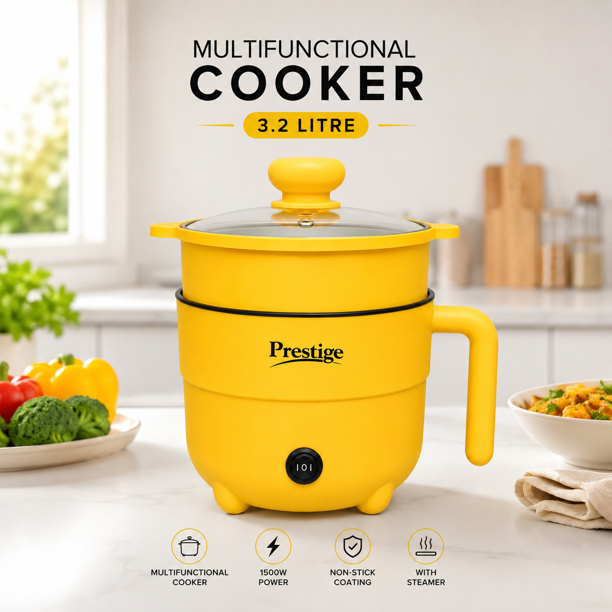 Prestige 3.2L মাল্টিফাংশনাল ইলেকট্রিক কুকার 1500W, নন-স্টিক, স্টিমার ট্রেসহ