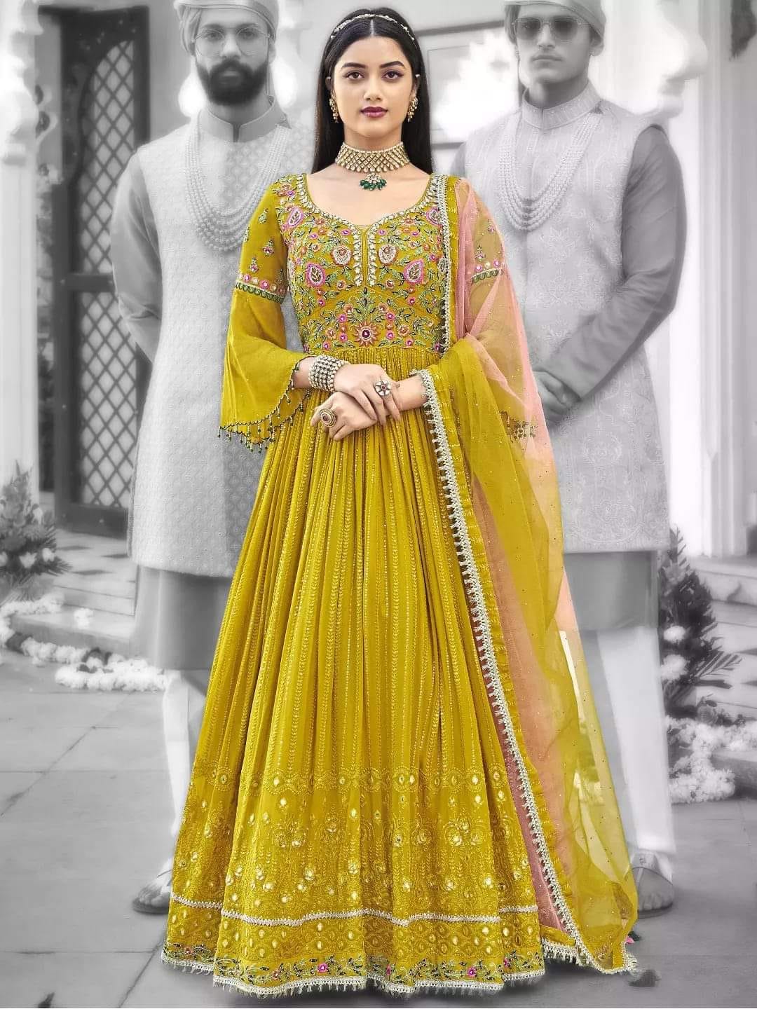 মেয়েদের সফট জর্জেট এমব্রয়ডারি থ্রি পিস, 4 রং